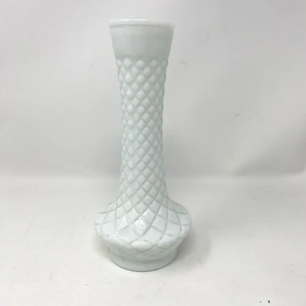 Milk glass bud vase Randall vintage quilted diamond flared 9”